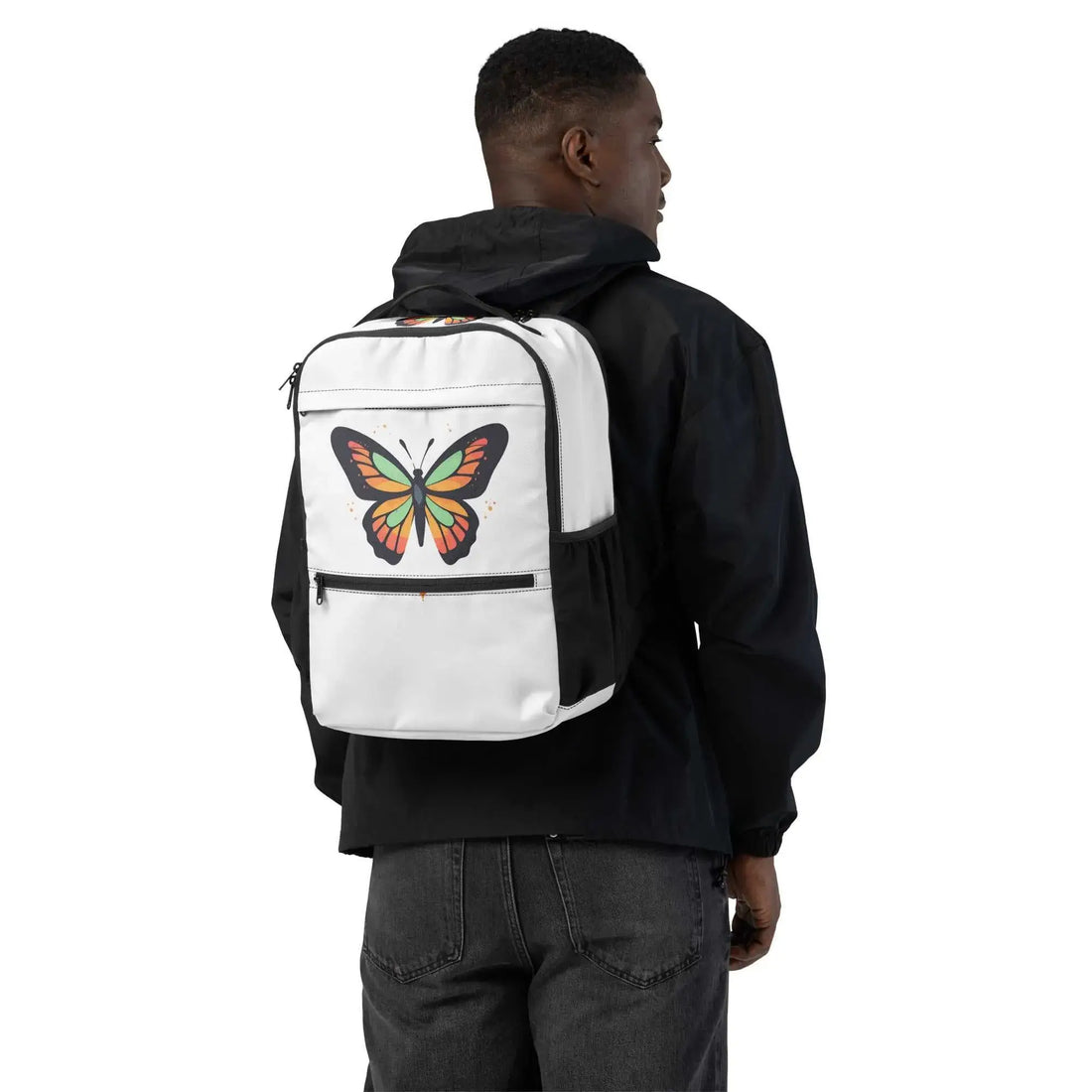 Weißer Urban Rucksack mit buntem Schmetterlingsmotiv, praktischem Design und mehreren Fächern