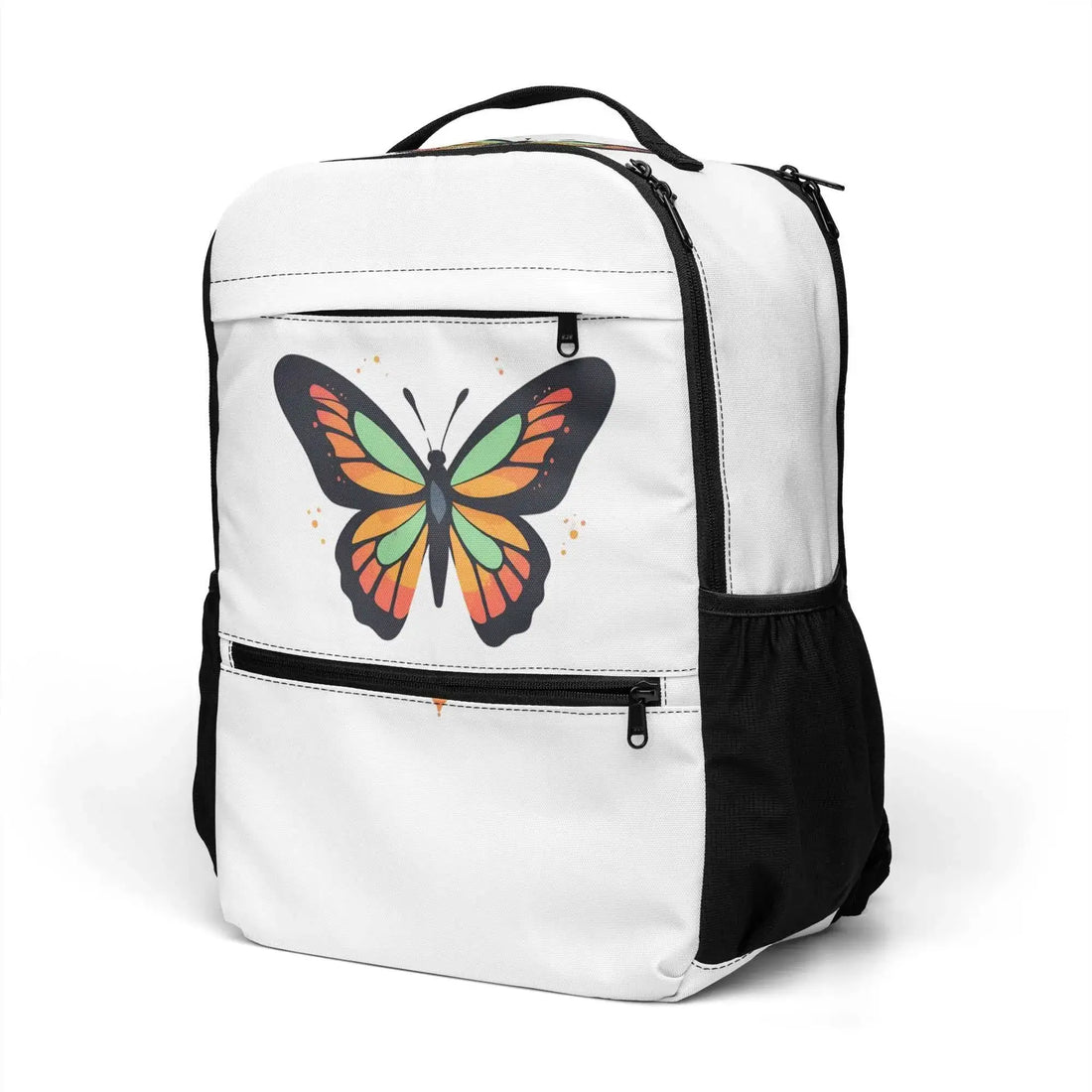 Weißer Urban Rucksack mit buntem Schmetterlingsmotiv, praktischem Design und mehreren Fächern